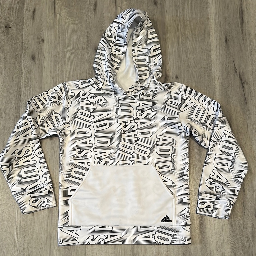 ADIDAS youth black and white hooded sweatshirt logo lightweight pullover Medium
